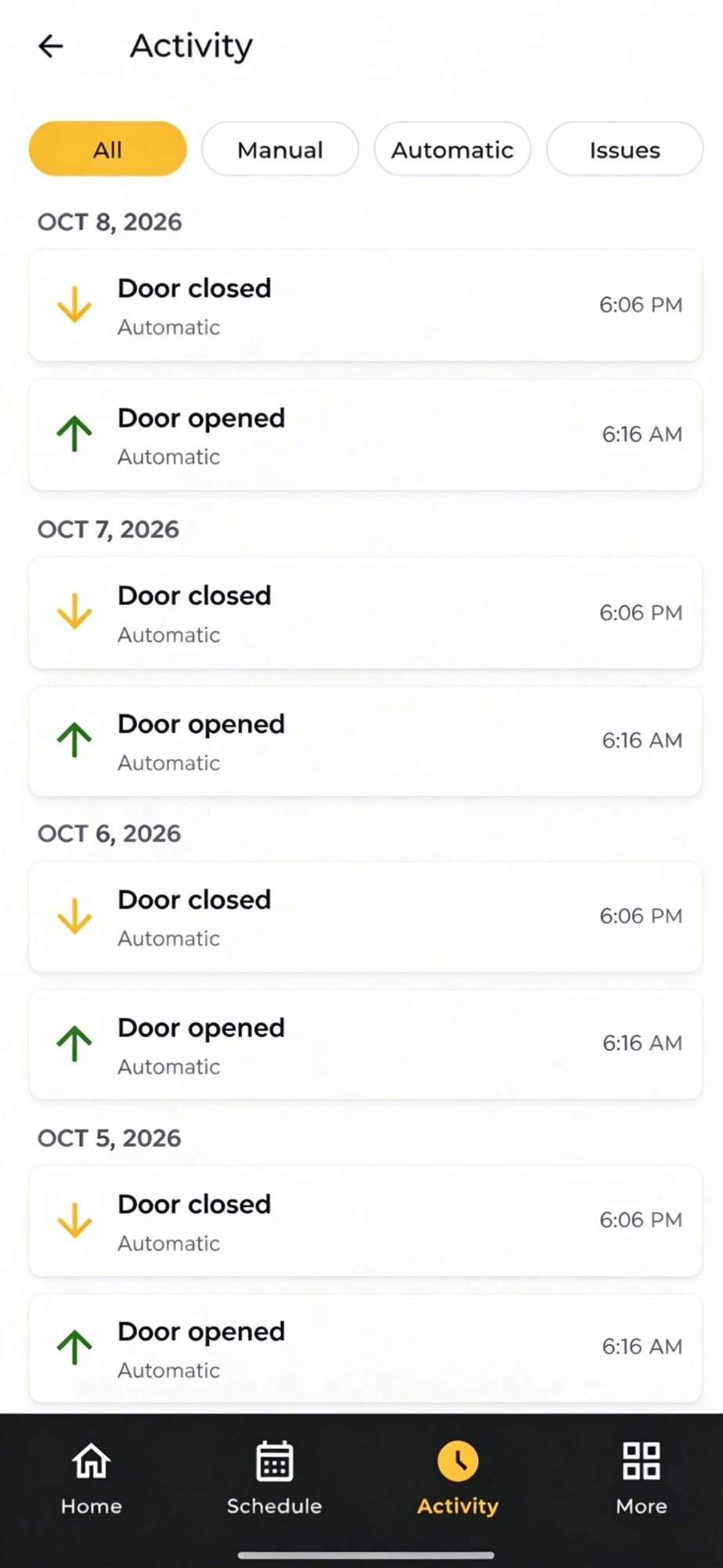 App activity log: a dated timeline of automatic door opens and closes, with filter chips for all, manual, automatic and issues.