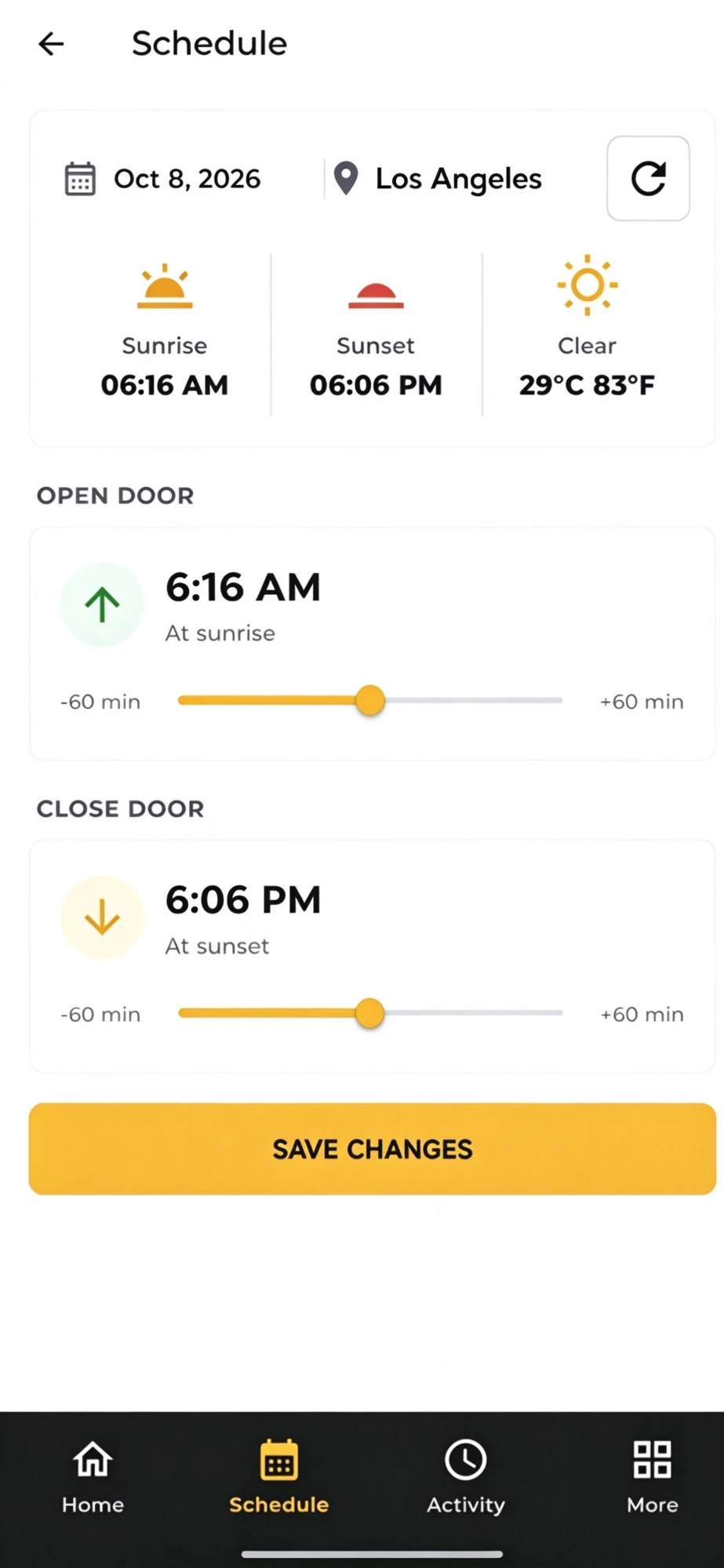 App schedule screen in Los Angeles: open at the 6:16 AM sunrise, close at the 6:06 PM sunset — each shiftable with a slider from minus to plus 60 minutes.