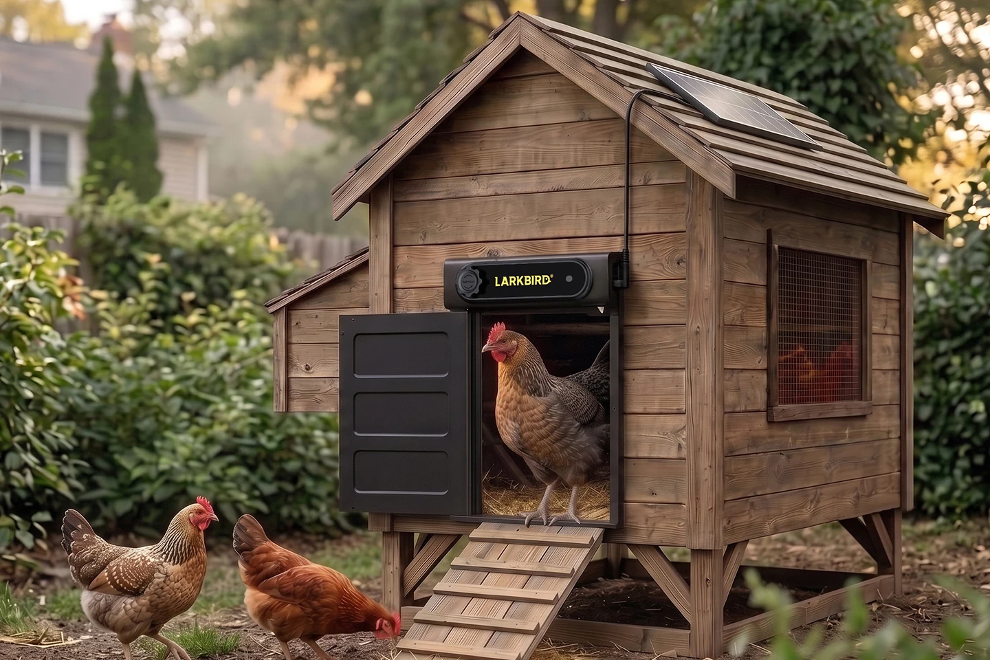 At dawn, the side-opening door on a timber coop is open, with a hen in the doorway and hens foraging outside beside the ramp.