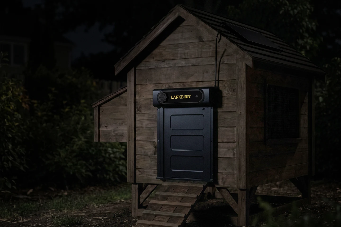 The same timber coop after dusk, with the door fully closed and no hens outside in the darkened yard.