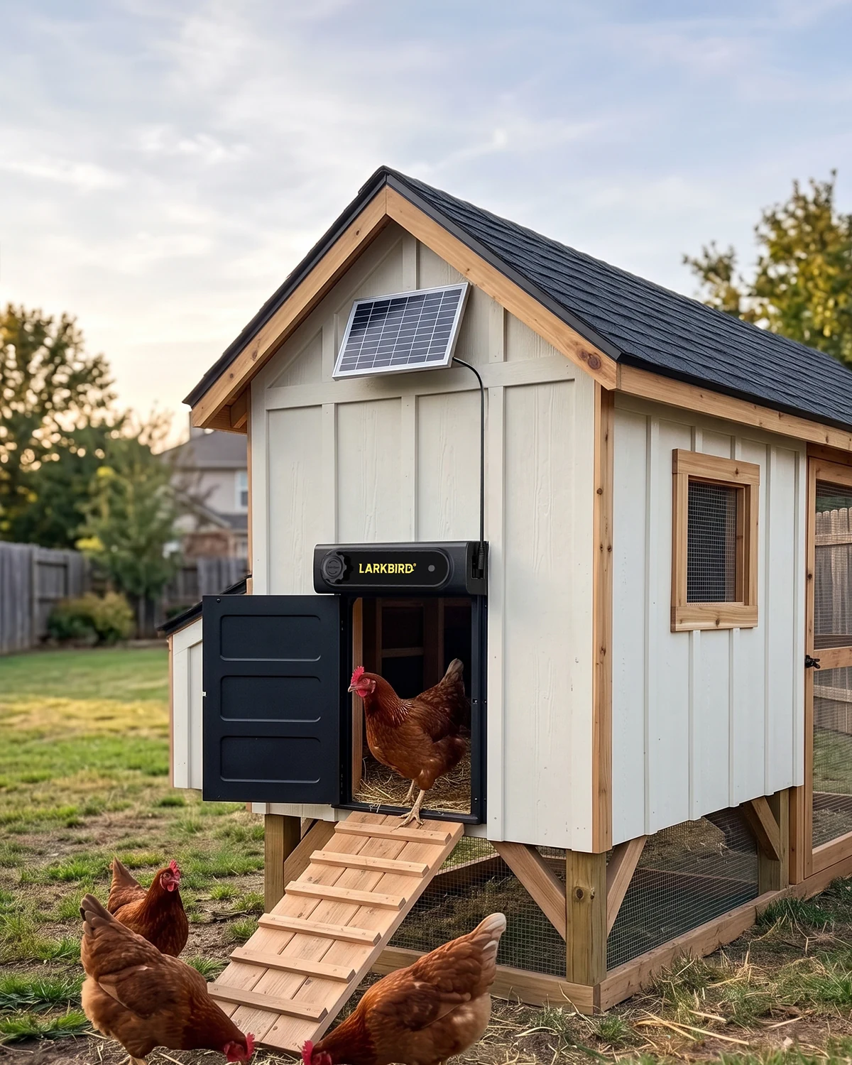 Smart coop door on a backyard coop at dawn, a hen walking out to the ramp