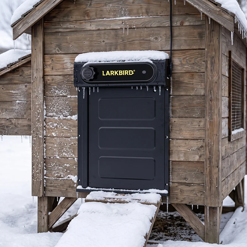 The closed door unit installed on a snowy timber coop, with snow resting on its housing and small icicles along its edge.