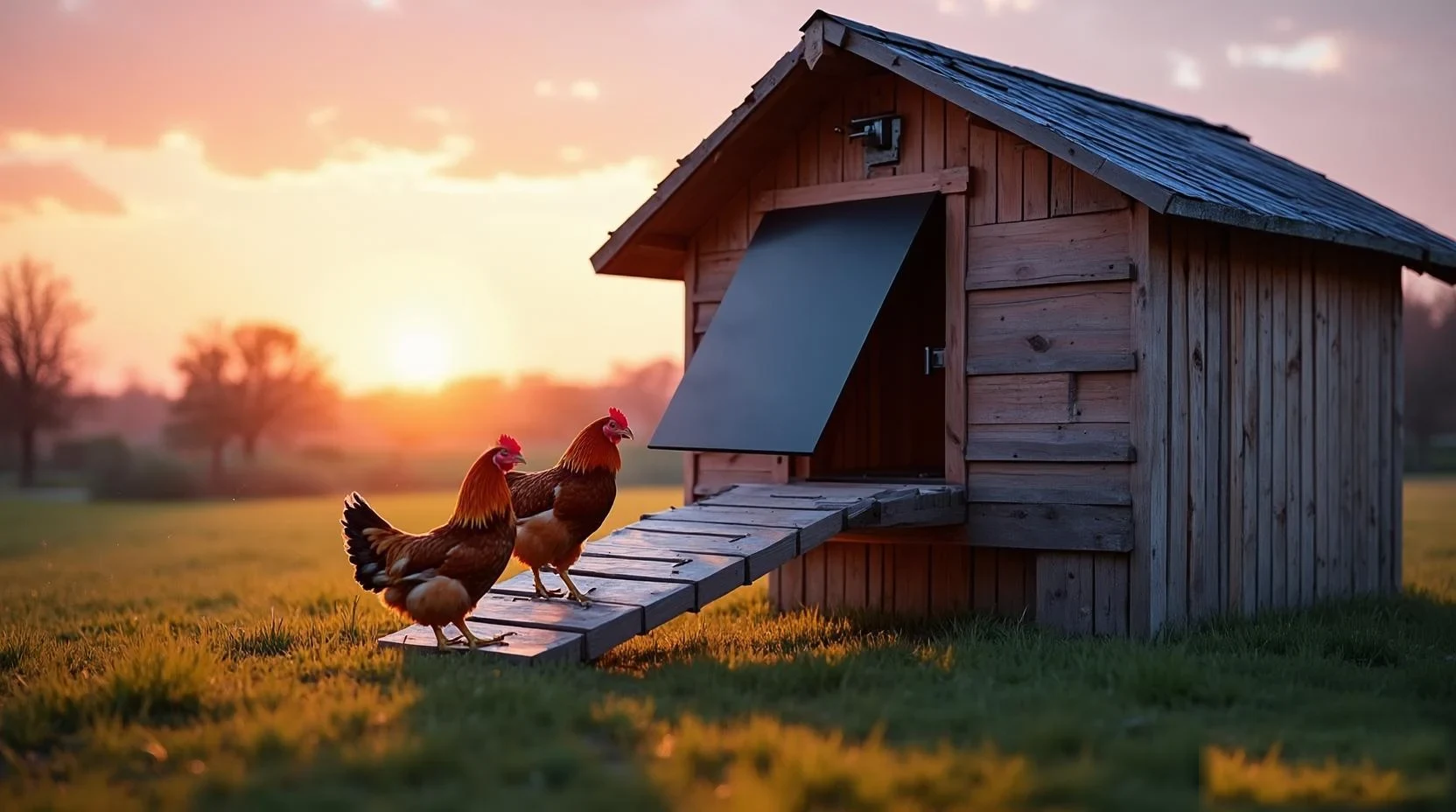 Hens walking back into the coop at dusk, drawn by the roost inside