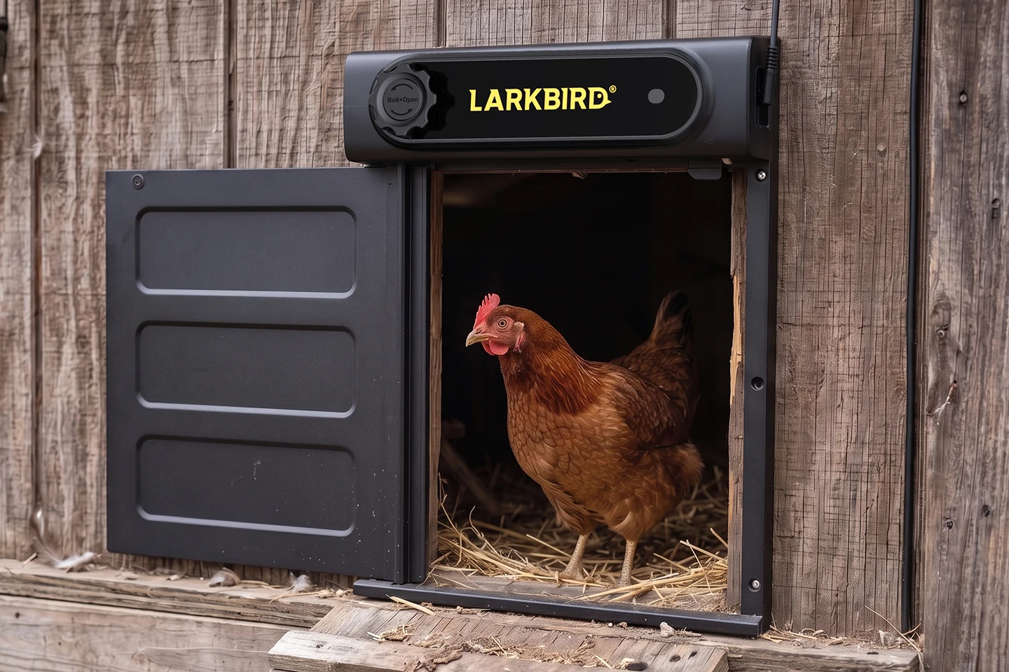 Close view of the door unit mounted on timber, its panel swung to the side and a hen standing in the open coop doorway.