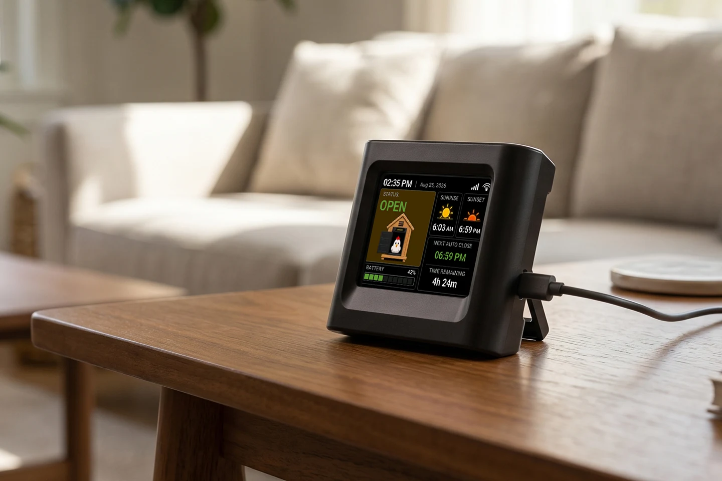 The gateway standing on a living-room table with its power cable connected and its display showing door status, battery and sun times.