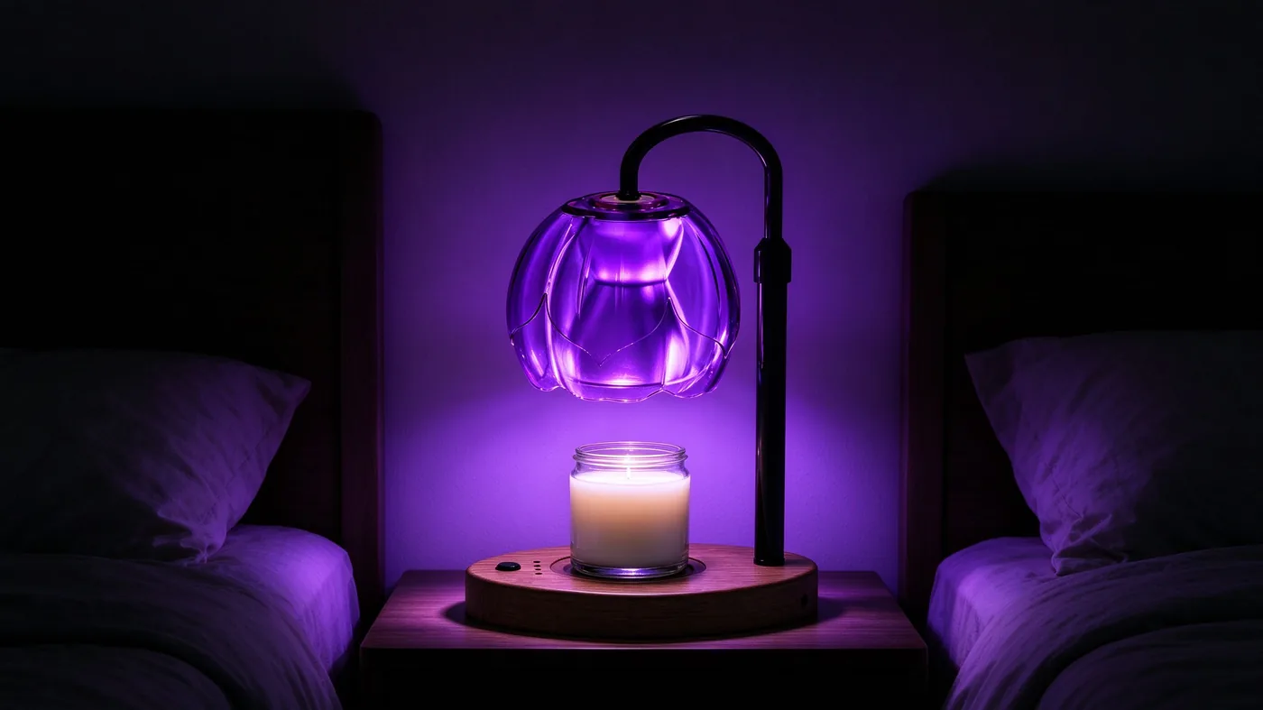 The warmer washing a bedroom wall in pure purple light, with no yellow bulb glow mixed in.