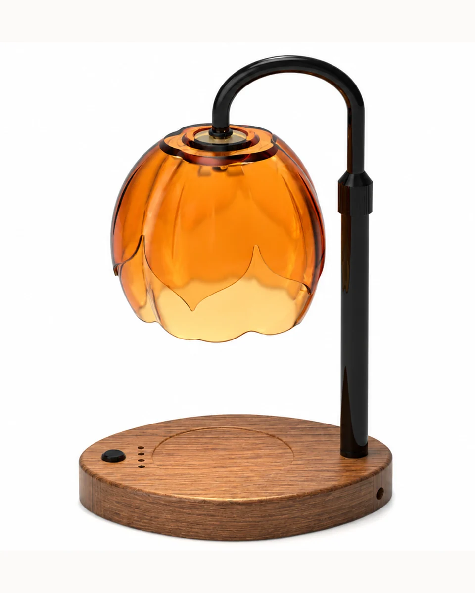 The candle warmer viewed up close with a jar candle sitting under the shade, unlit