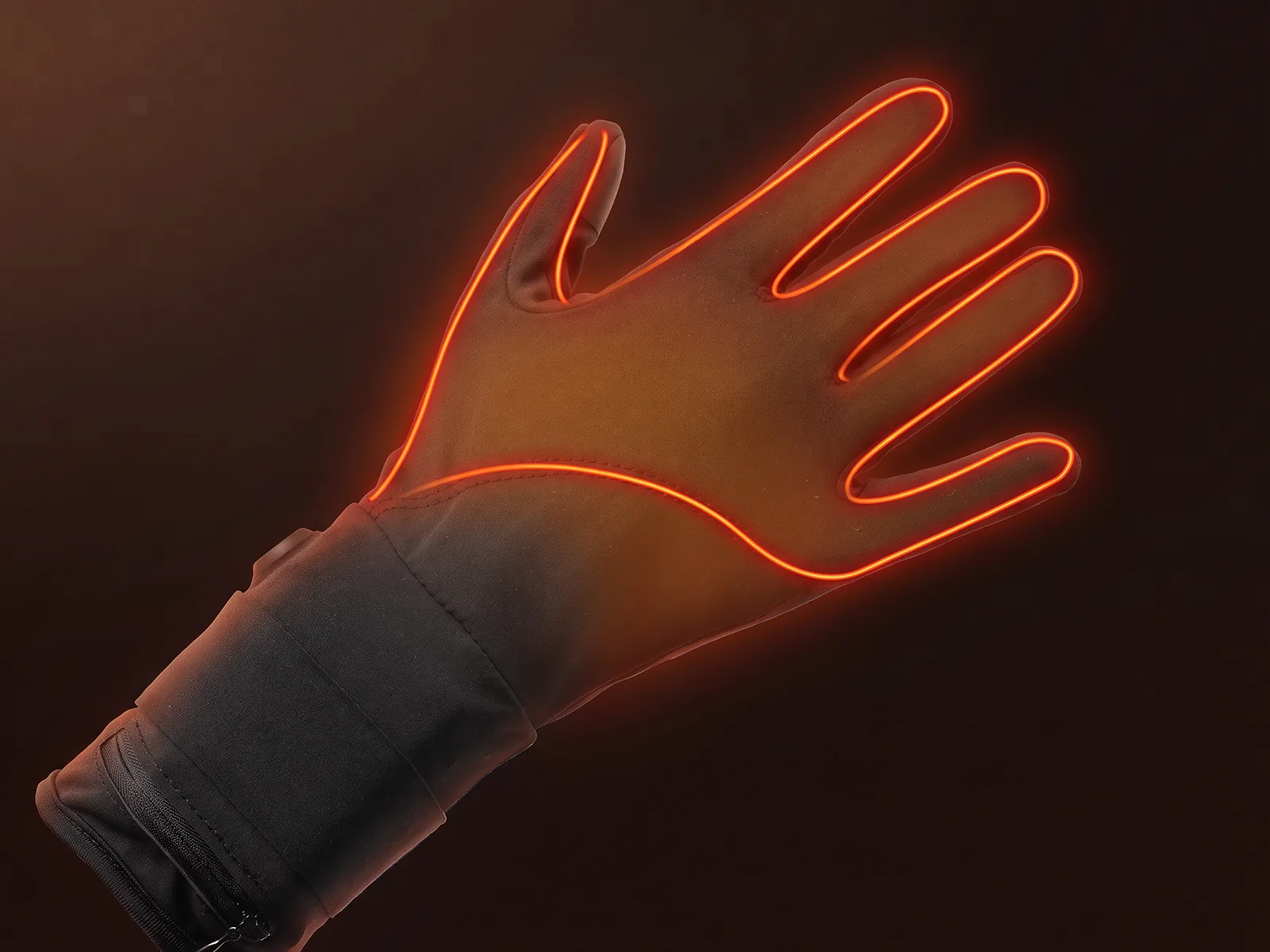 Glove seen from the back of the hand: a heating band crosses the back of the hand, then a heating line runs up each side of every finger to the fingertip
