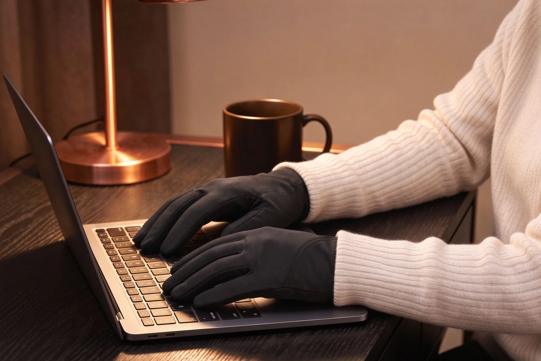 Hands in the thin heated liner typing at a keyboard in warm desk light