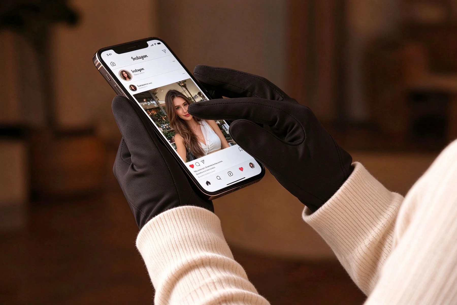 A thumb and index fingertip scrolling a phone through the gloves