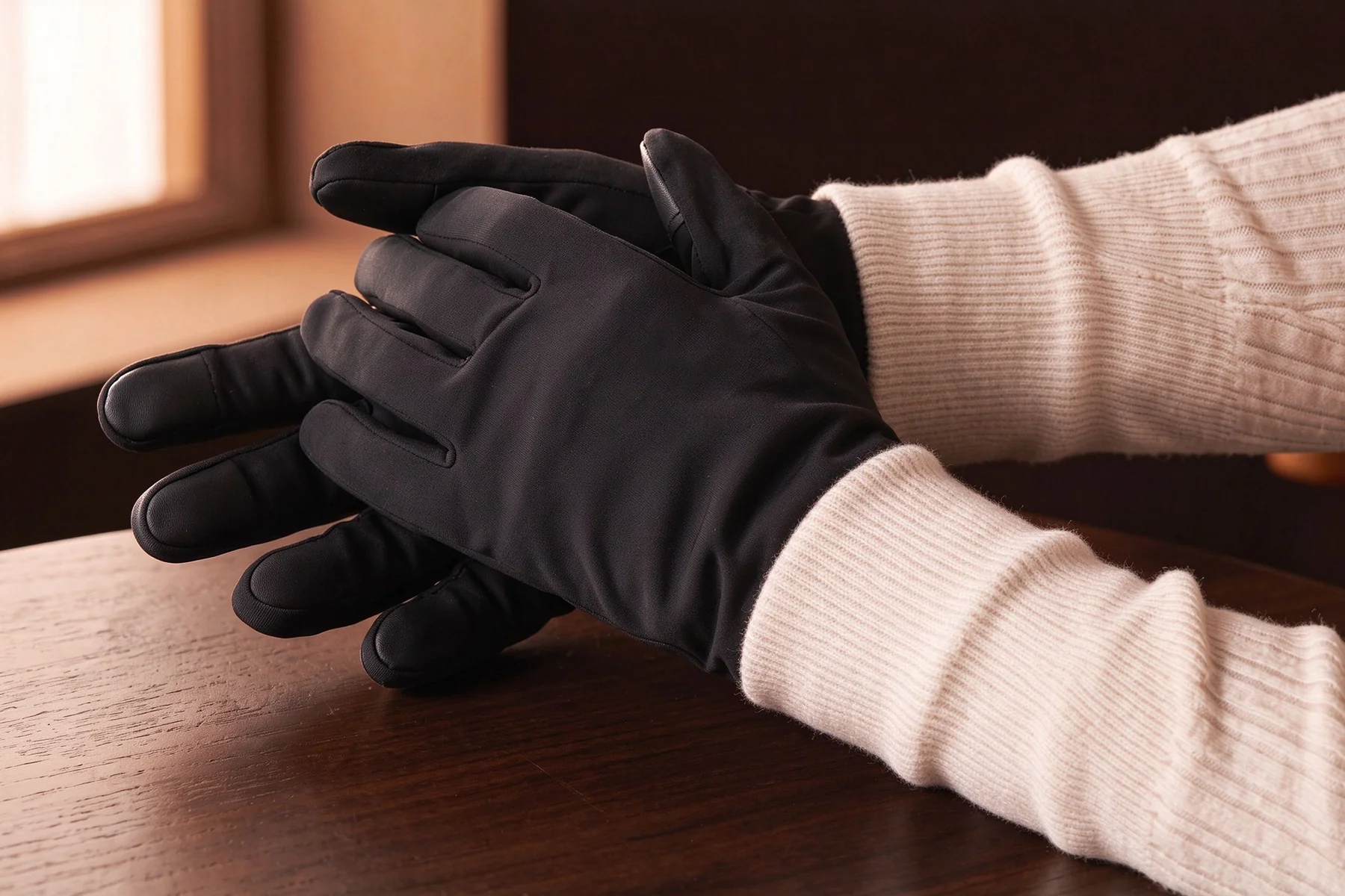 The gloves worn on both hands, the back-of-hand battery pod in place