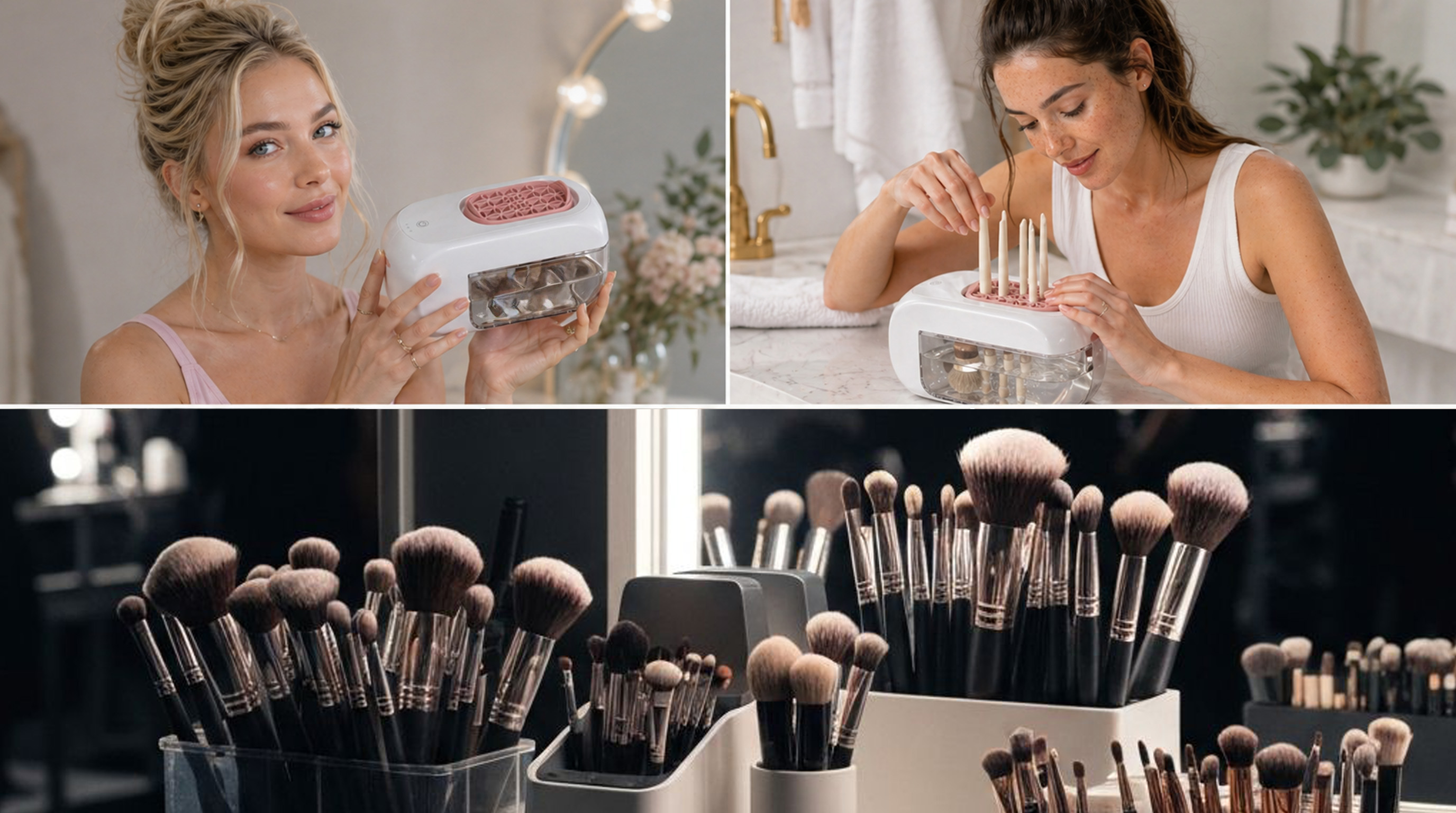 Professional makeup artist workspace with clean brushes
