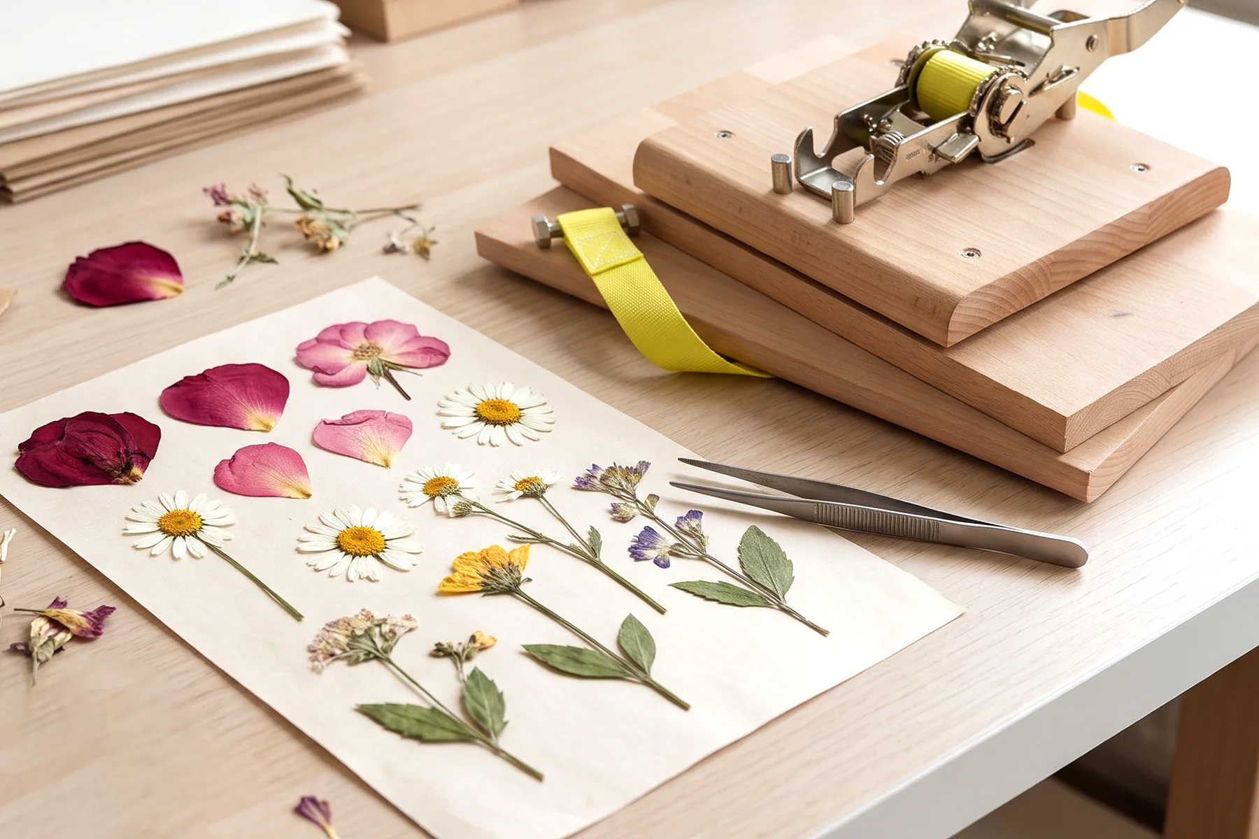 Pressed flowers flat and full of color, including single flat rose petals, beside the press.