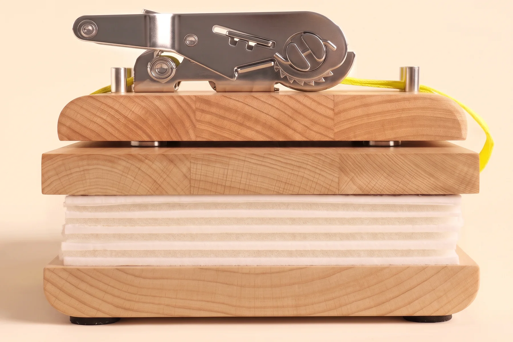 Side view of the rounded board edges and the path of the yellow strap.