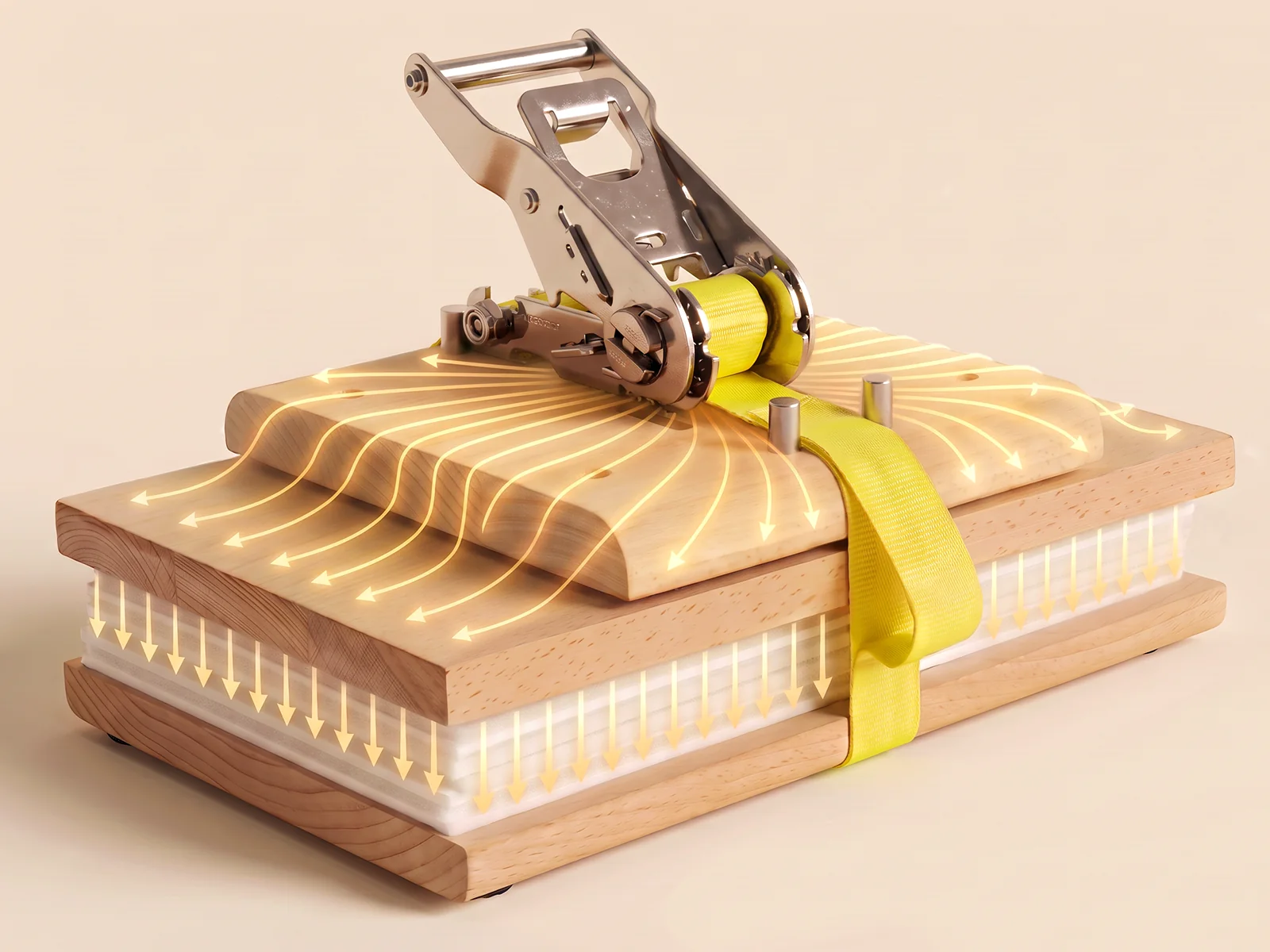 The strap pulled tight over the layered stack, the pull spread across the whole top board.