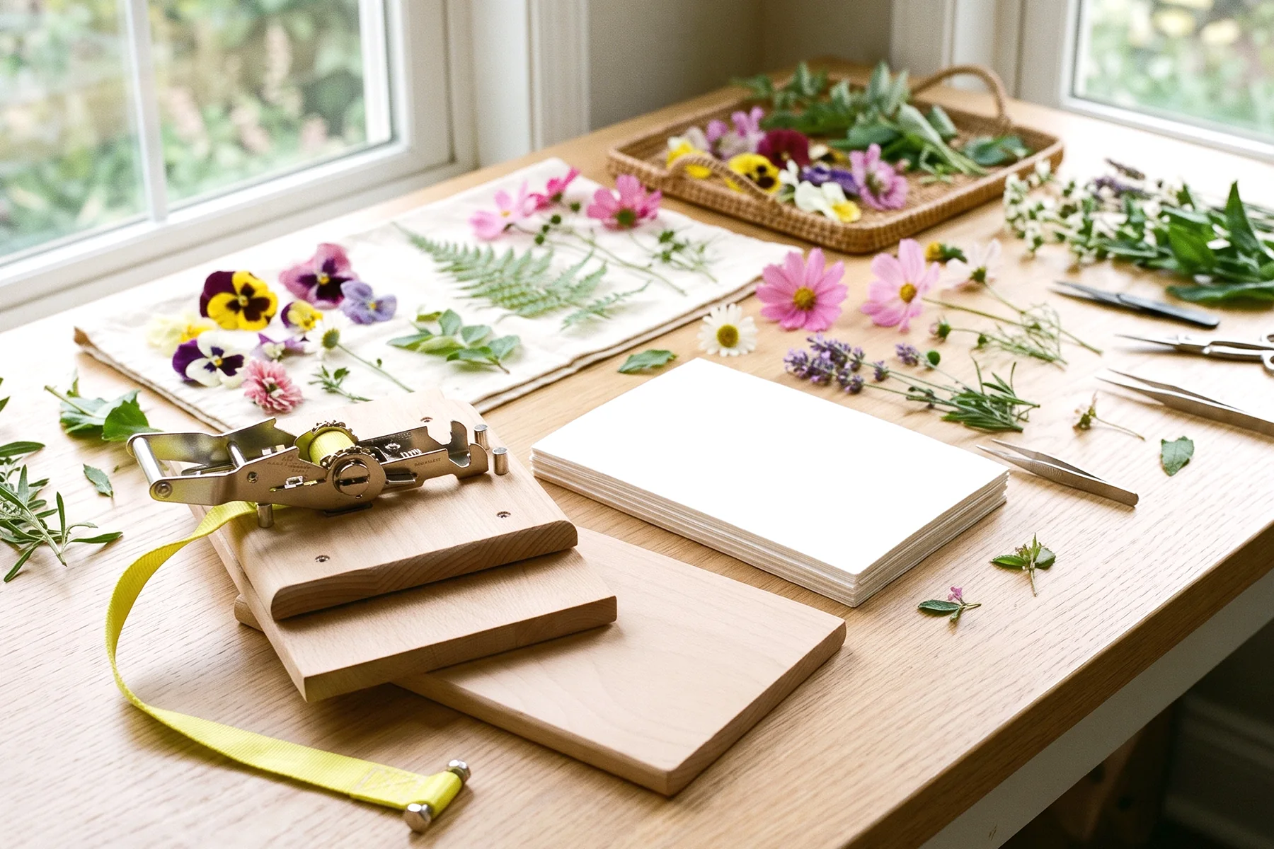 Picked flowers spread out on a table beside the open press.