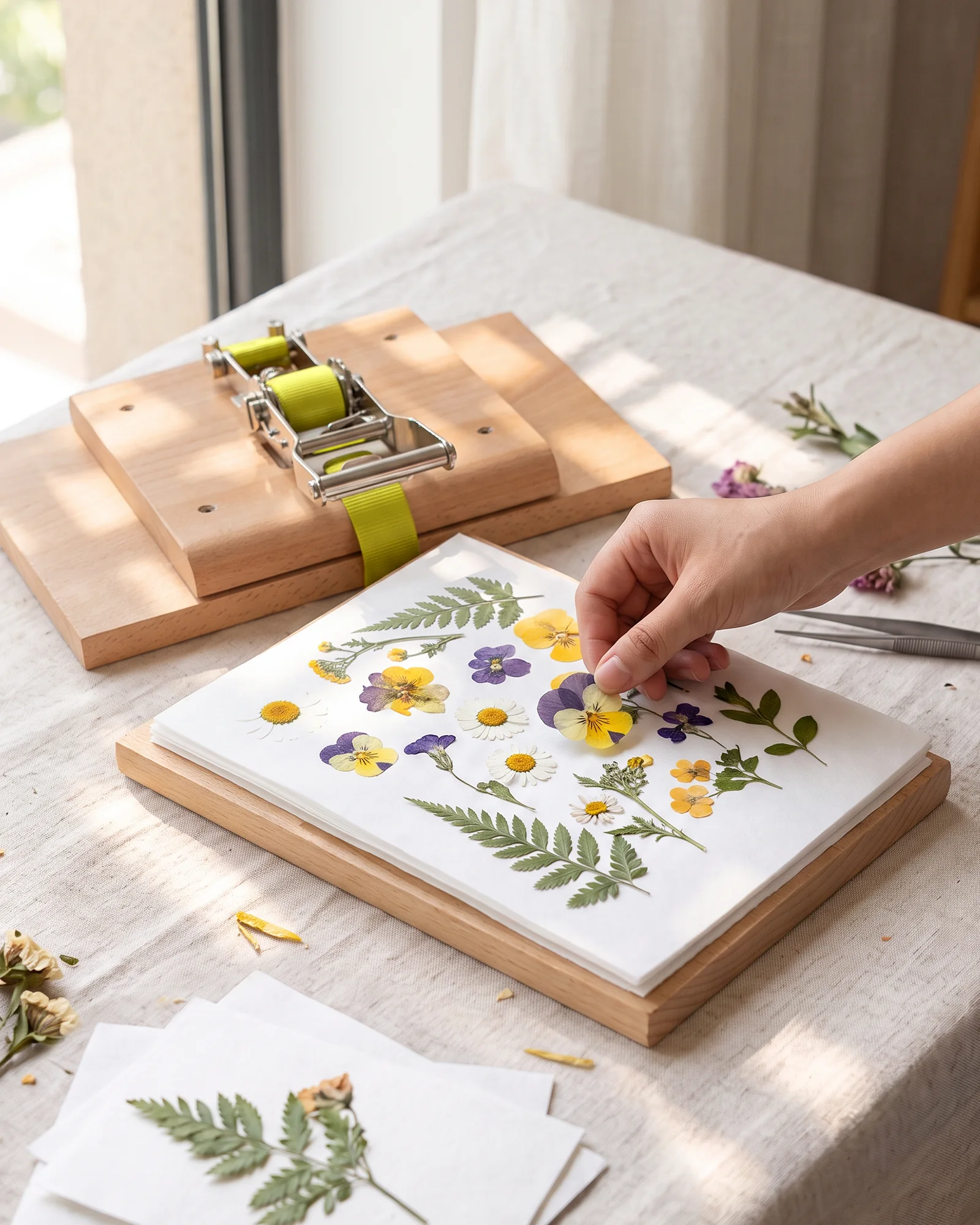 The press opened on a work table, a hand lifting a finished pressed flower from the open boards.
