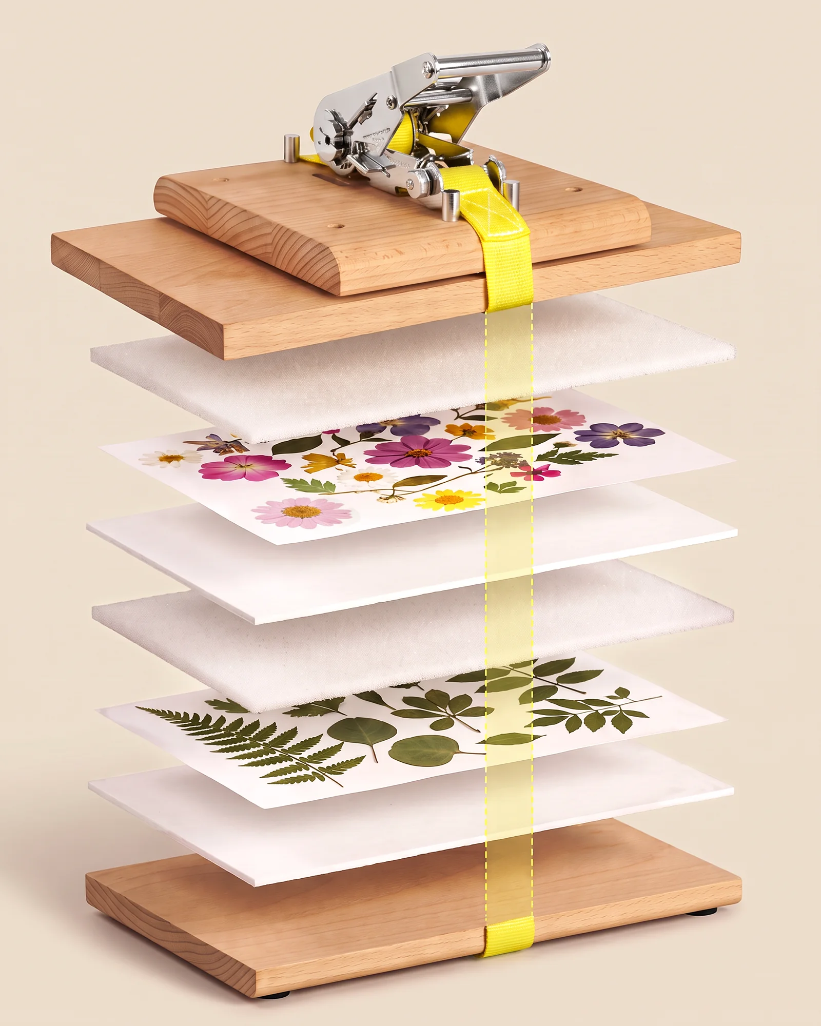 Exploded view of the press: top board with the ratchet, foam, papers, flowers, blotting board and base board separated top to bottom.