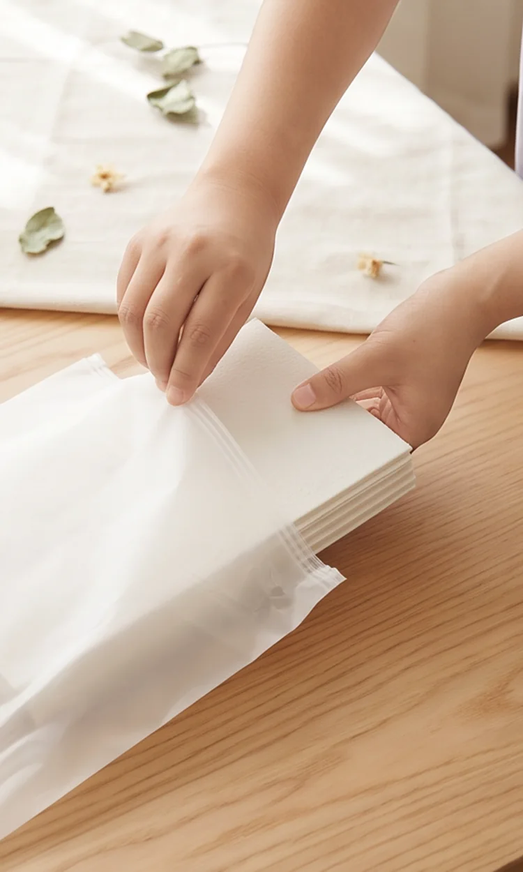 Hands laying out the stack of paper, foam and blotting boards for the flowers.