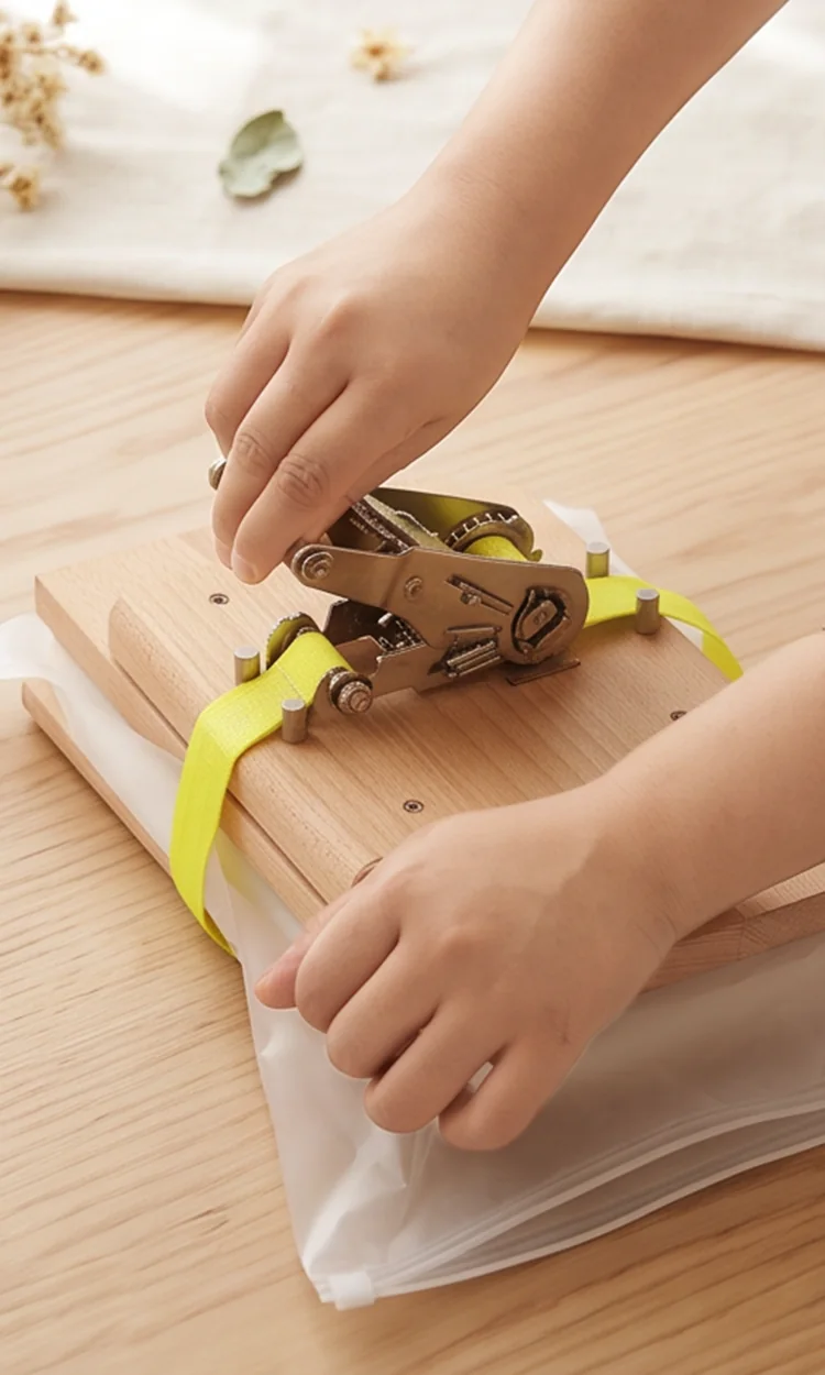 A hand operating the ratchet to tighten the strap around the press.