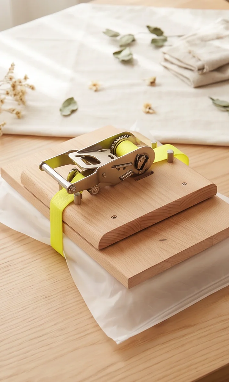 The tightened press resting on the table, set aside to wait.